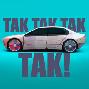 Miniaturka przedstawia render BMW I-Vision z zaznaczonymi liniami kształtu nadwozia, za samochodem znajduje się napis "TAK TAK TAK", pod samochodem napis "TAK!"