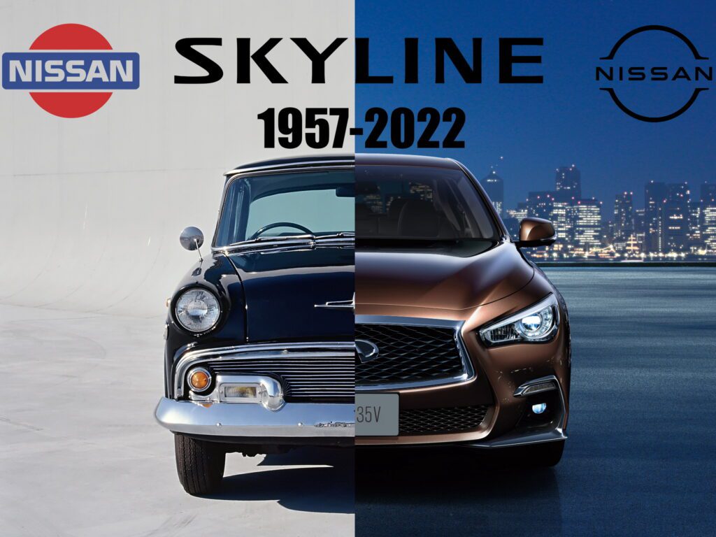 Miniaturka podzielona na dwie sekcje, lewą i prawą. Lewa zawiera połówkę Nissana Skyline z 1957 roku oraz ówczesne logo marki, prawa sekcja zawiera Nissana Skyline z 2022 roku oraz współczesne logo marki. Przez oba zdjęcia przechodzi napis "Skyline"