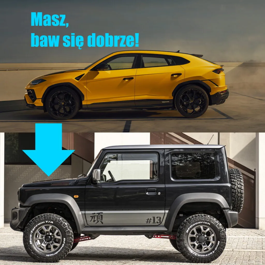Miniaturka podzielona na dwie sekcje, górną i dolną. Górna przedstawia żółte Lamborghini Urus, na zdjęciu napis "Masz, baw się dobrze!", na dolnym zdjęciu dwudrzwiowe, czarne Suzuki Jimny. Oba zdjęcia są połączone strzałką prowadzącą od góry do dołu.