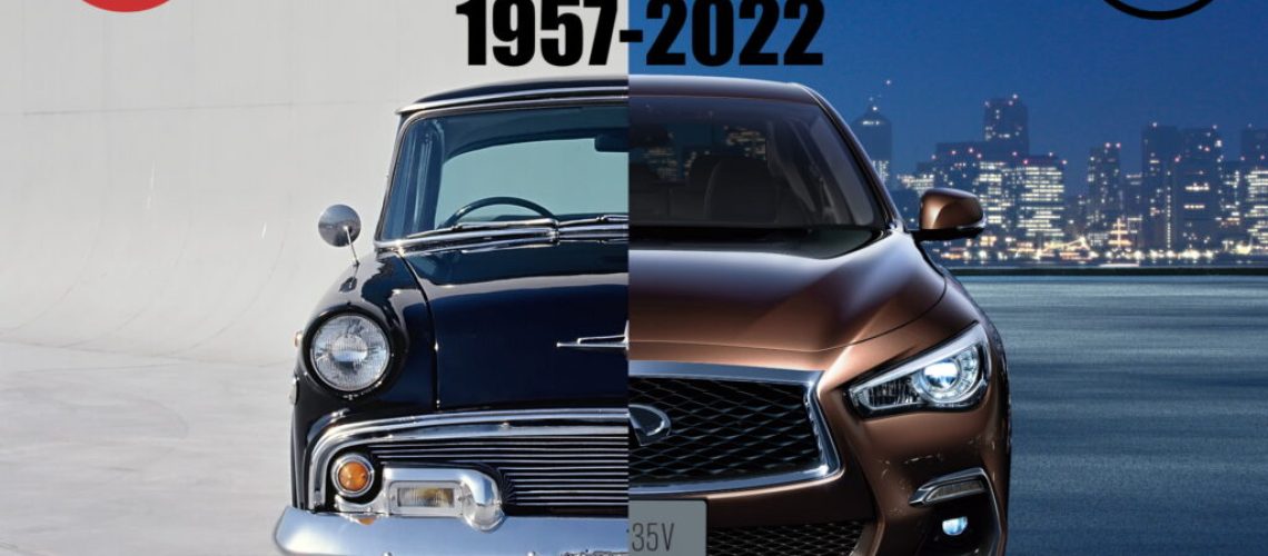 Miniaturka podzielona na dwie sekcje, lewą i prawą. Lewa zawiera połówkę Nissana Skyline z 1957 roku oraz ówczesne logo marki, prawa sekcja zawiera Nissana Skyline z 2022 roku oraz współczesne logo marki. Przez oba zdjęcia przechodzi napis "Skyline"