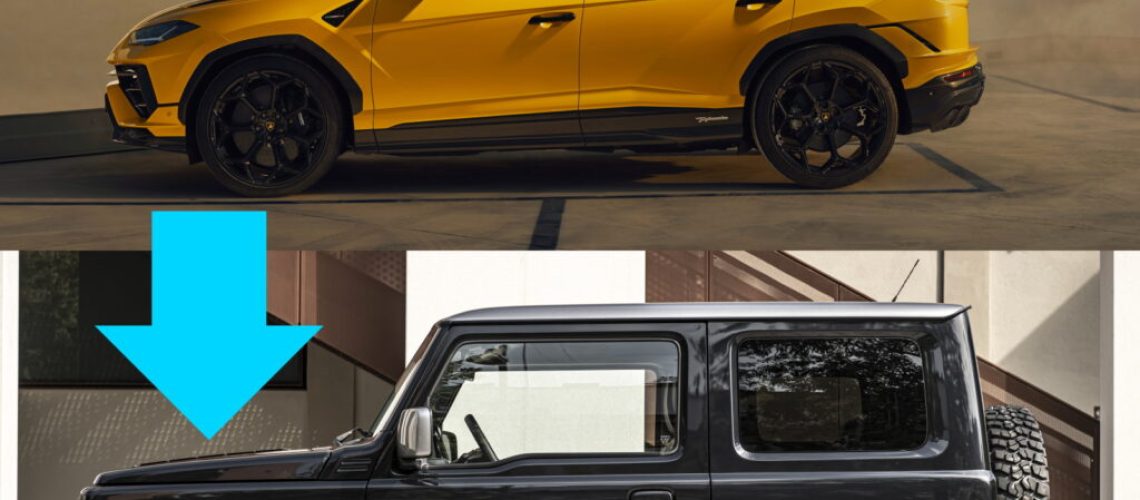 Miniaturka podzielona na dwie sekcje, górną i dolną. Górna przedstawia żółte Lamborghini Urus, na zdjęciu napis "Masz, baw się dobrze!", na dolnym zdjęciu dwudrzwiowe, czarne Suzuki Jimny. Oba zdjęcia są połączone strzałką prowadzącą od góry do dołu.